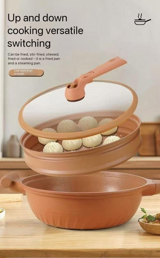 32cm Multi-Use Natural Clay Pot w/ Steamer – Nonstick & Durable, Healthier Cooking