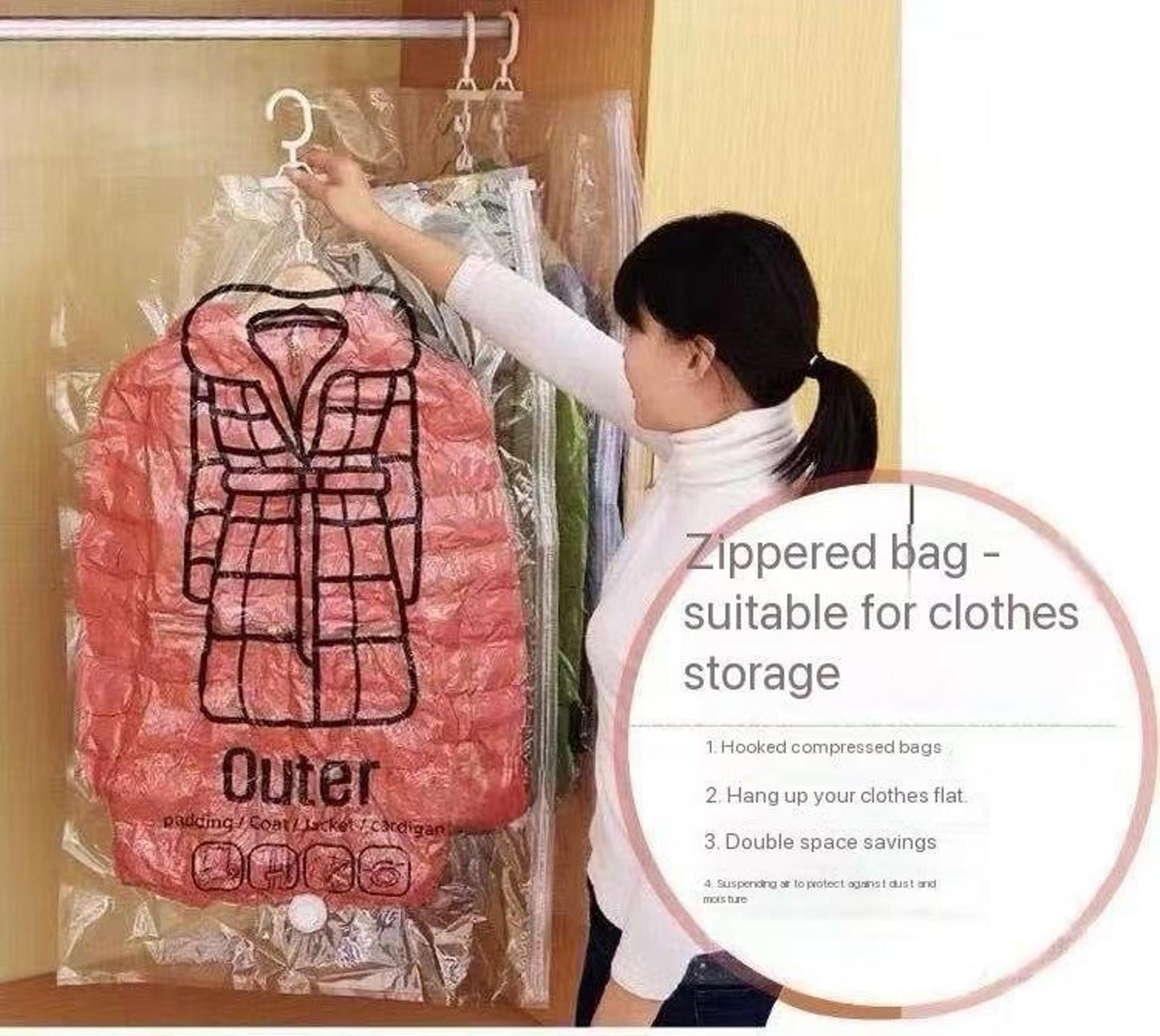 Hanging Vacuum Storage Bags for Down Jackets (5-Pack + Pump)