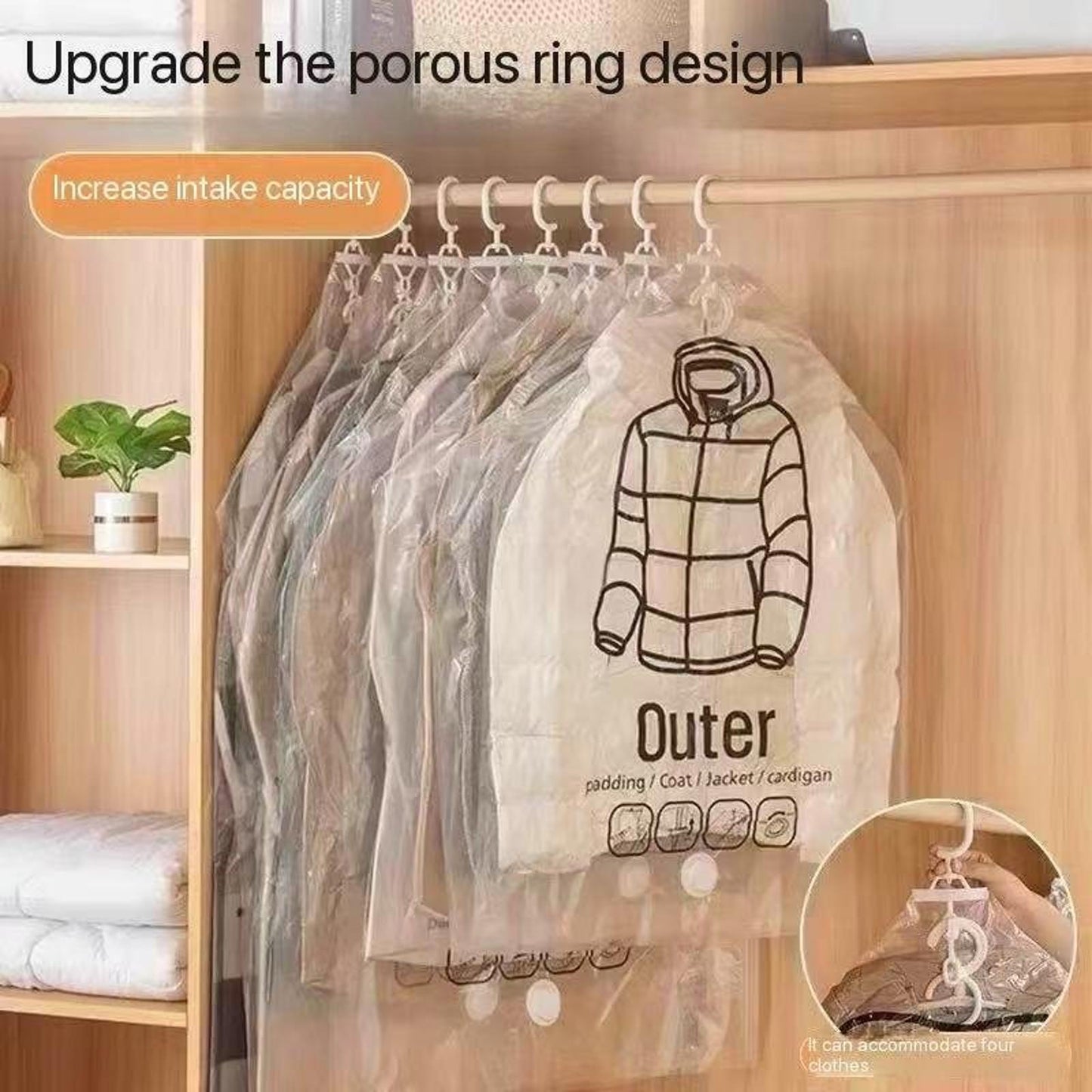 Hanging Vacuum Storage Bags for Down Jackets (5-Pack + Pump)