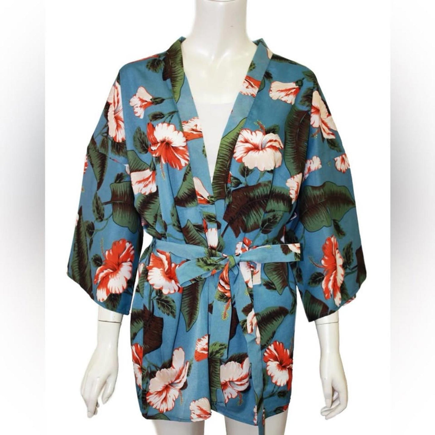 Floral Kimono Robe in Blue and Red