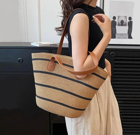 Chic Summer Tote – Straw Woven Bucket Bag with Strap