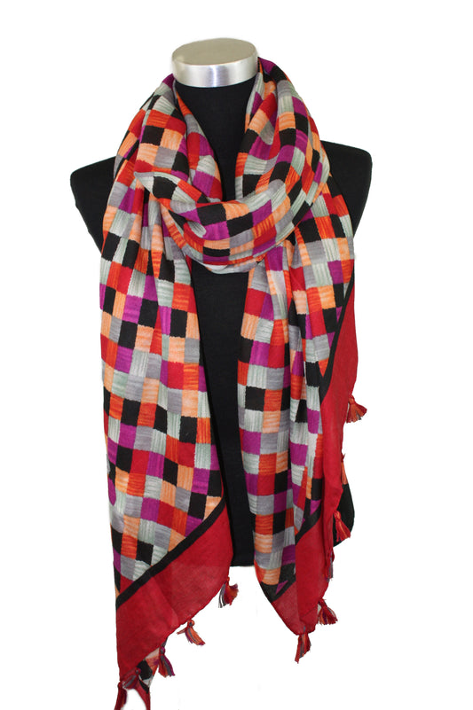 Colorful Checkered Scarf with Tassels