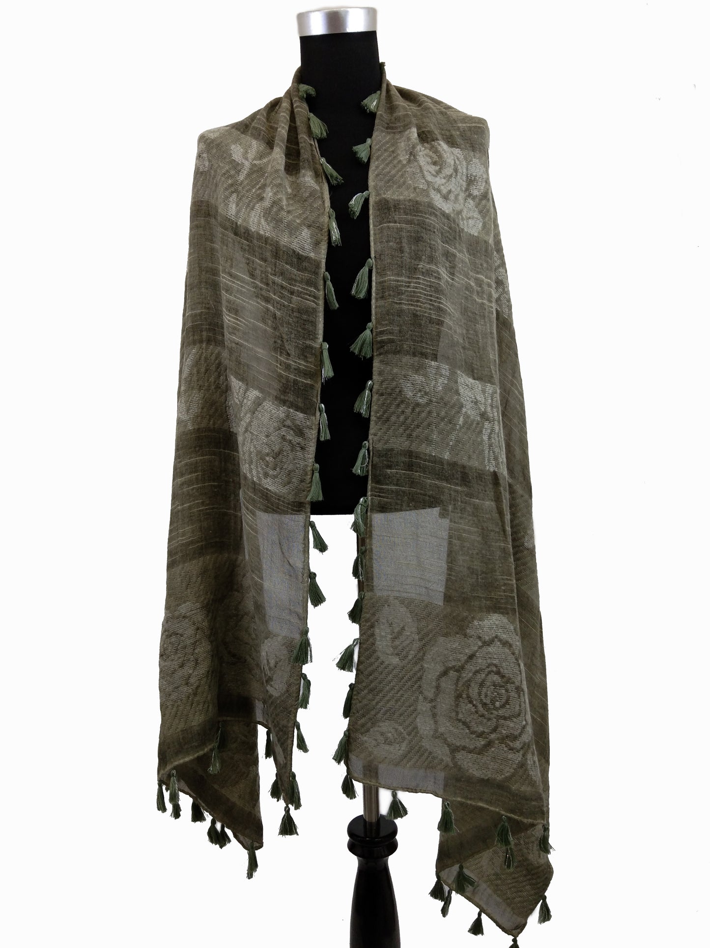 Rose Print Wool Scarf and Short Tassels