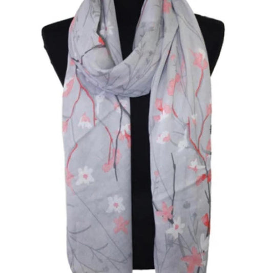 Elegant Floral Print Scarf – Lightweight Grey Shawl