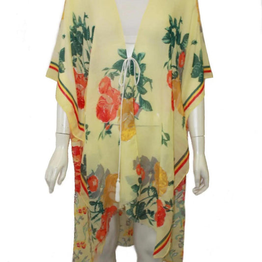 Floral Yellow Cotton Kimono Cover-Up