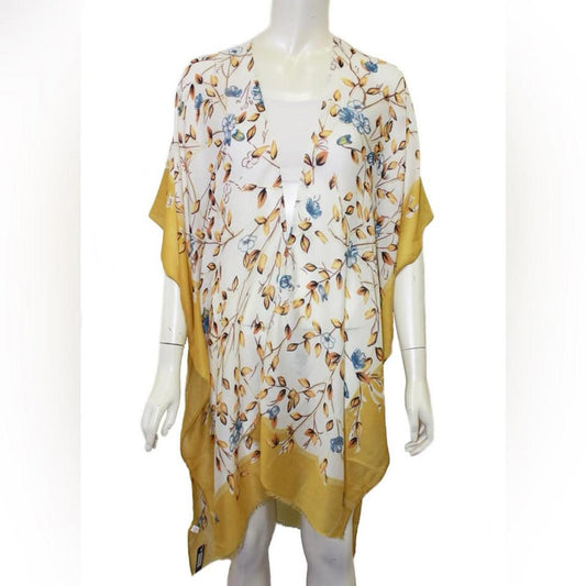 Floral Kimono Shawl with Yellow and Blue Accents