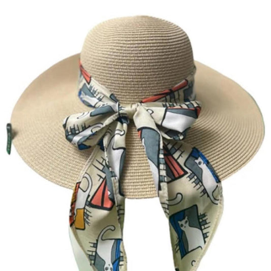 Stylish Wide Brim Sun Hat with Cat Print Scarf