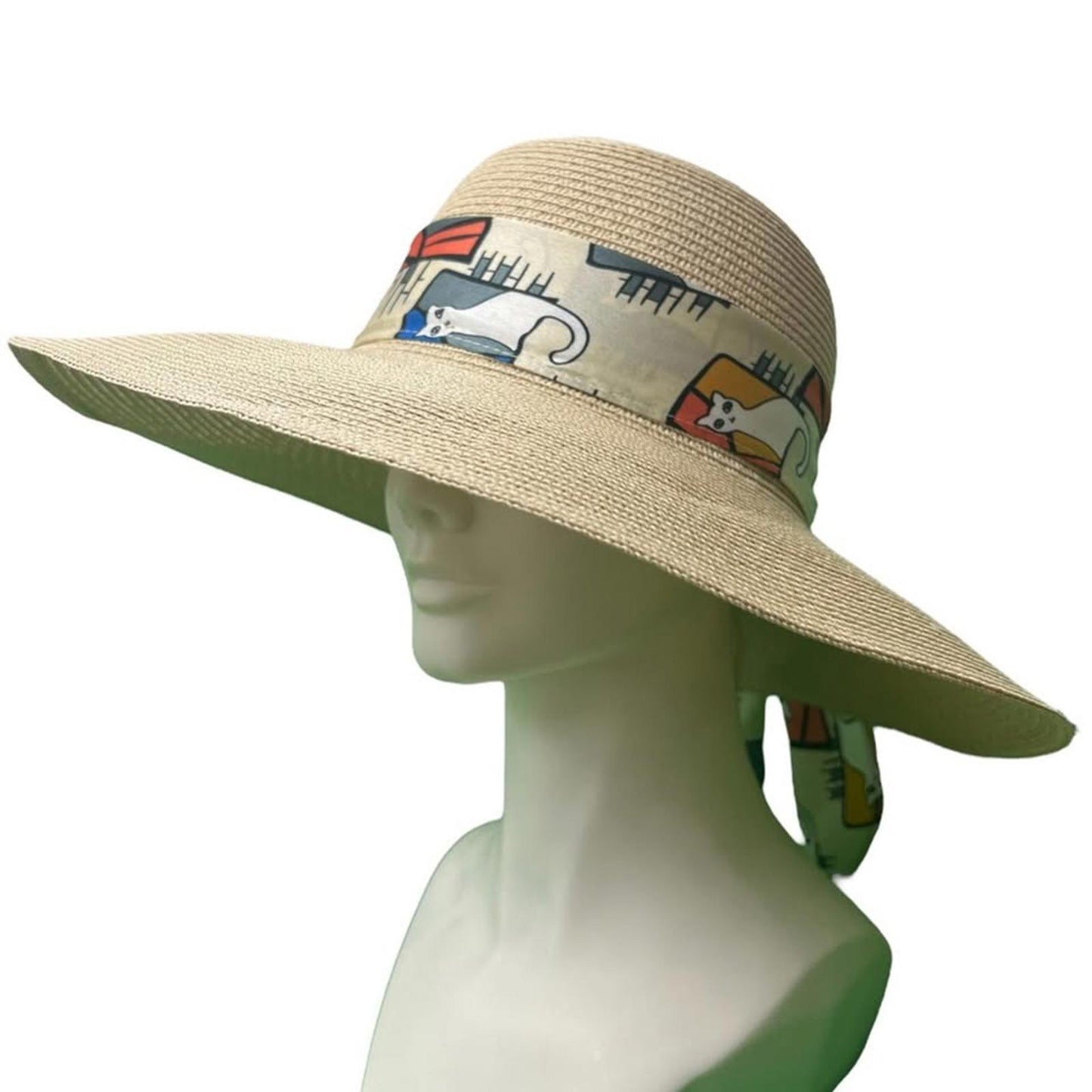 Stylish Wide Brim Sun Hat with Cat Print Scarf
