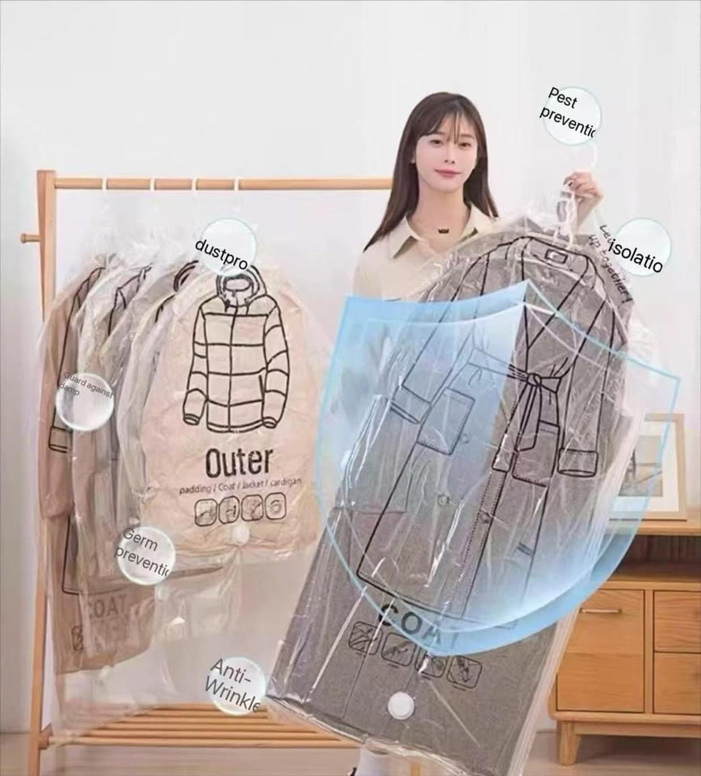 Hanging Vacuum Storage Bags for Down Jackets (5-Pack + Pump)