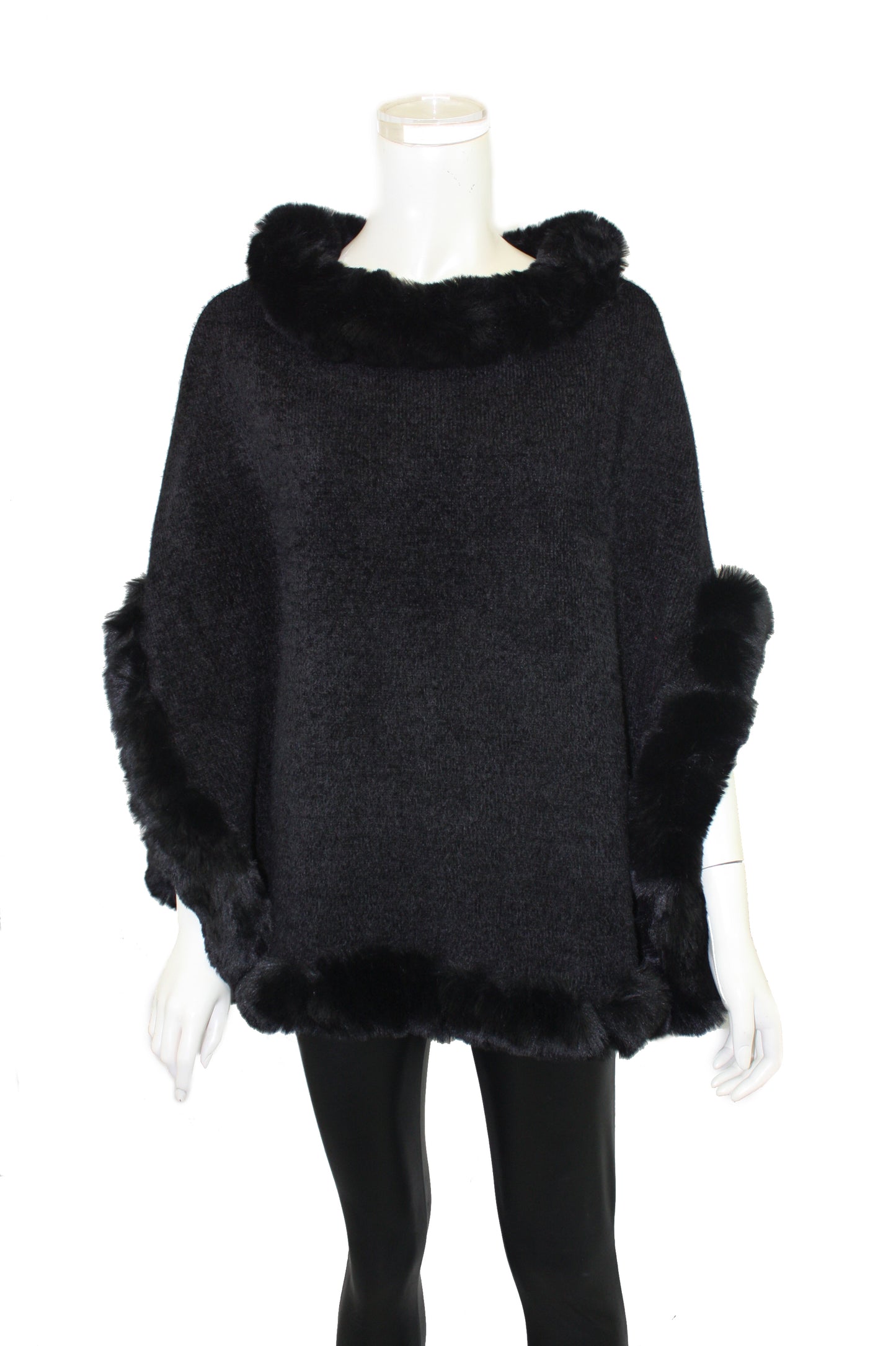 Poncho with Faux Fur Trim