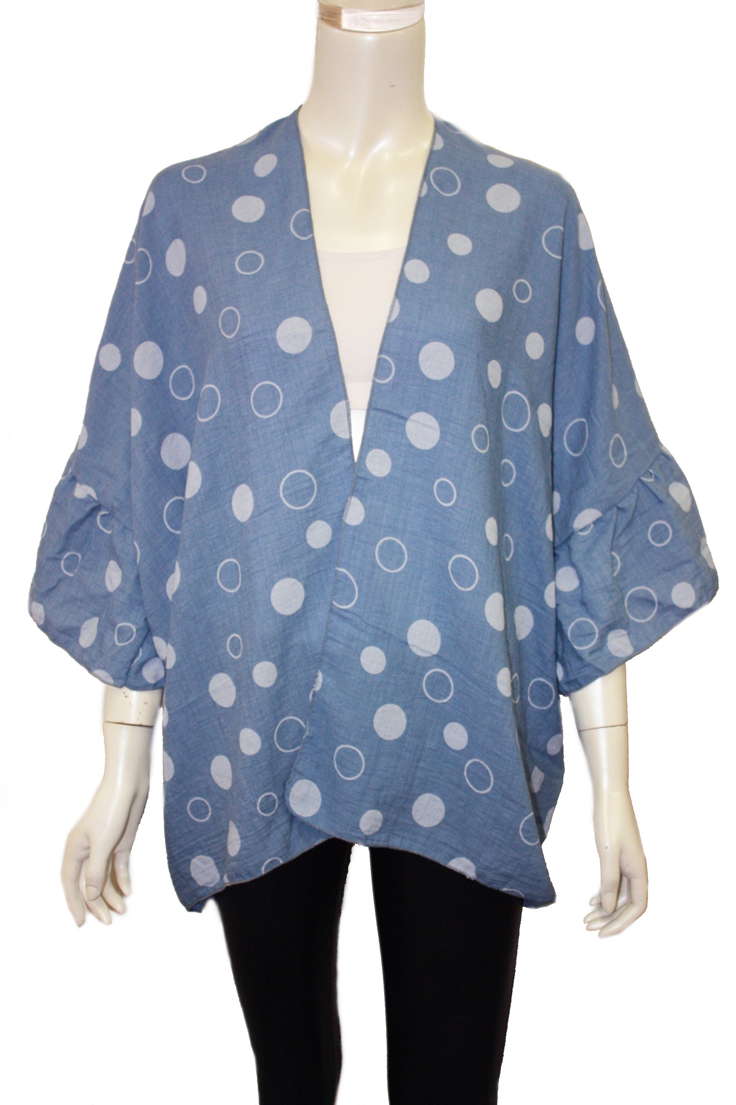 Polka dot printed kimono with riffle sleeves