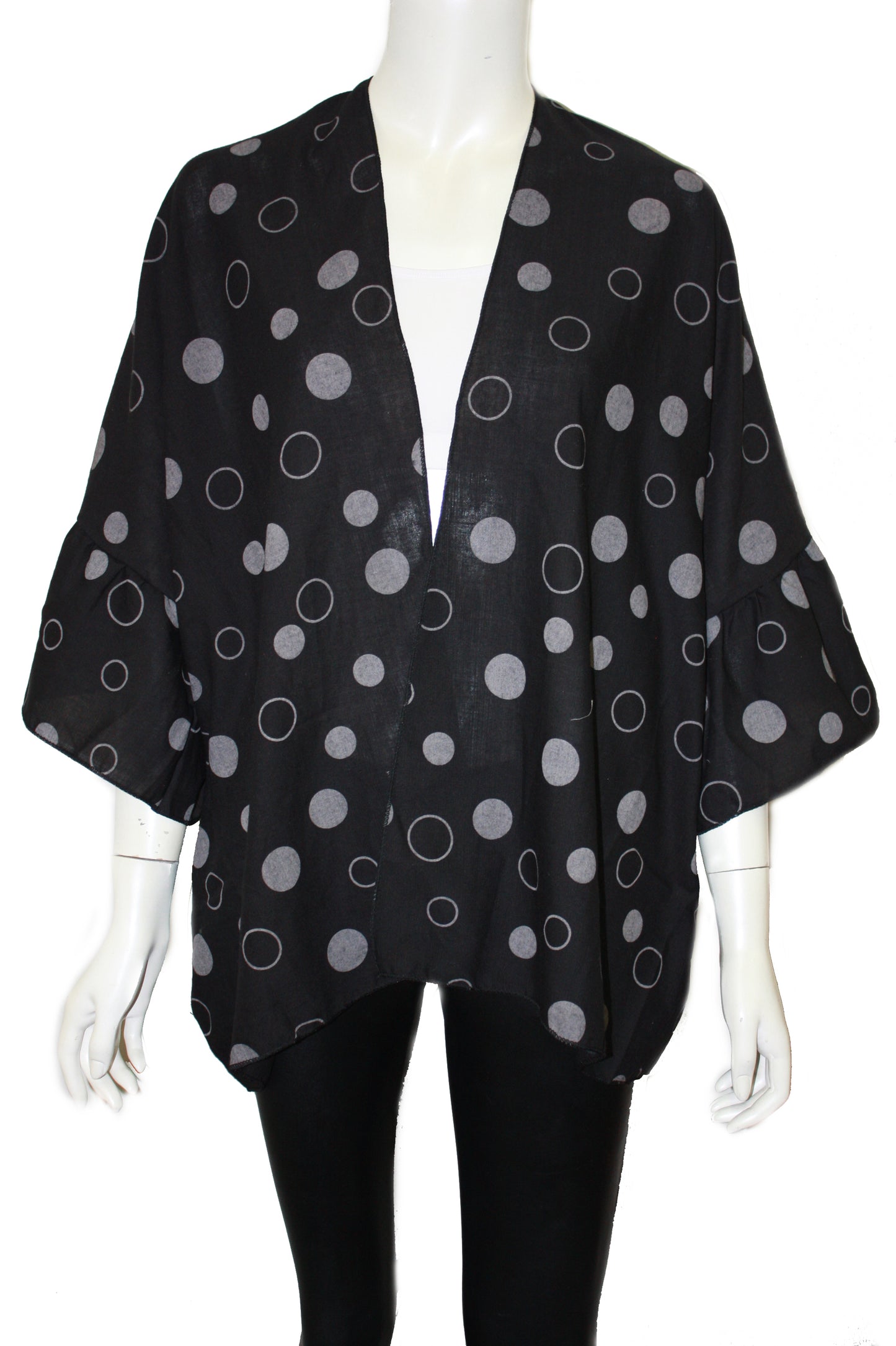 Polka dot printed kimono with riffle sleeves