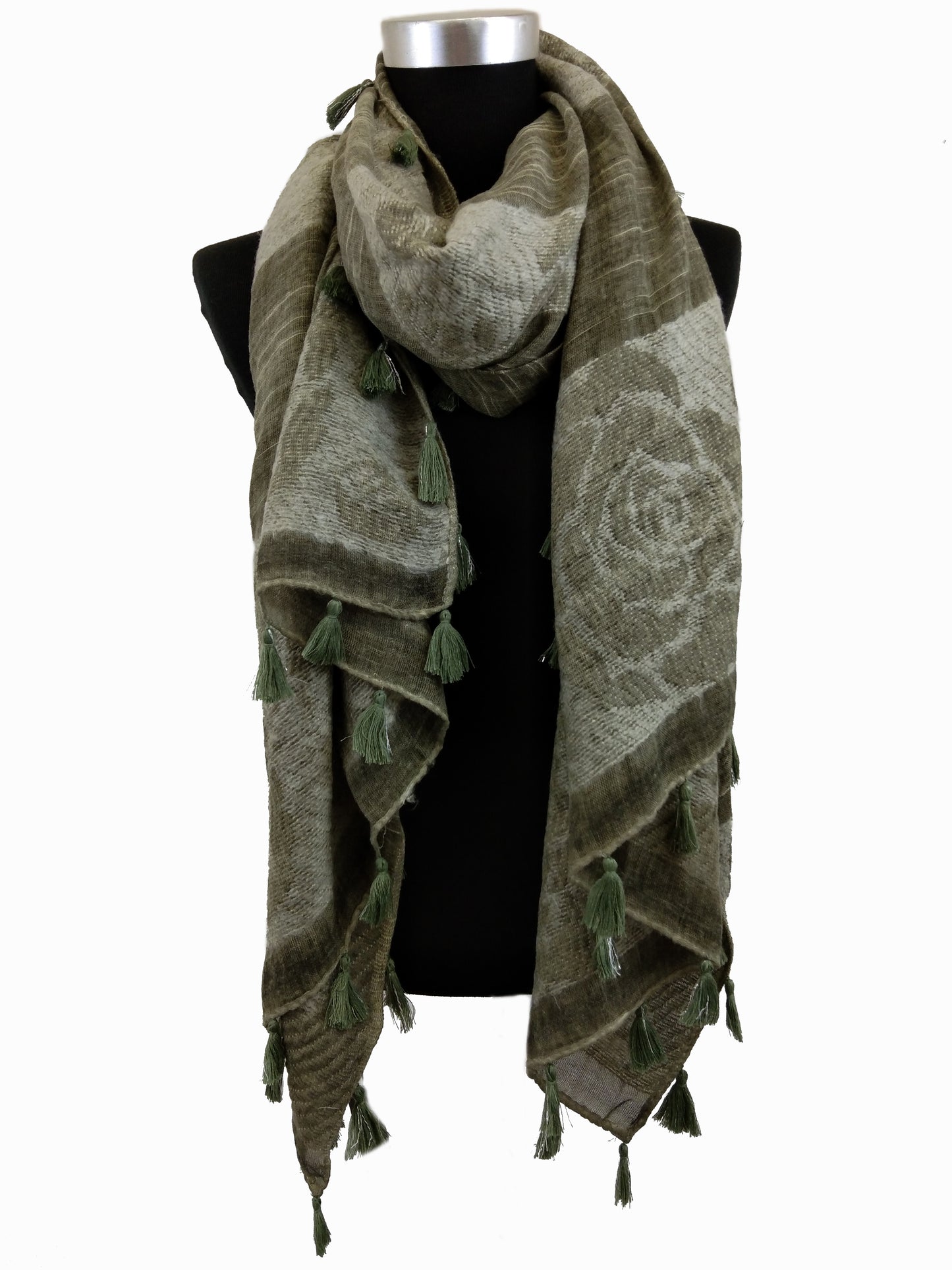 Rose Print Wool Scarf and Short Tassels