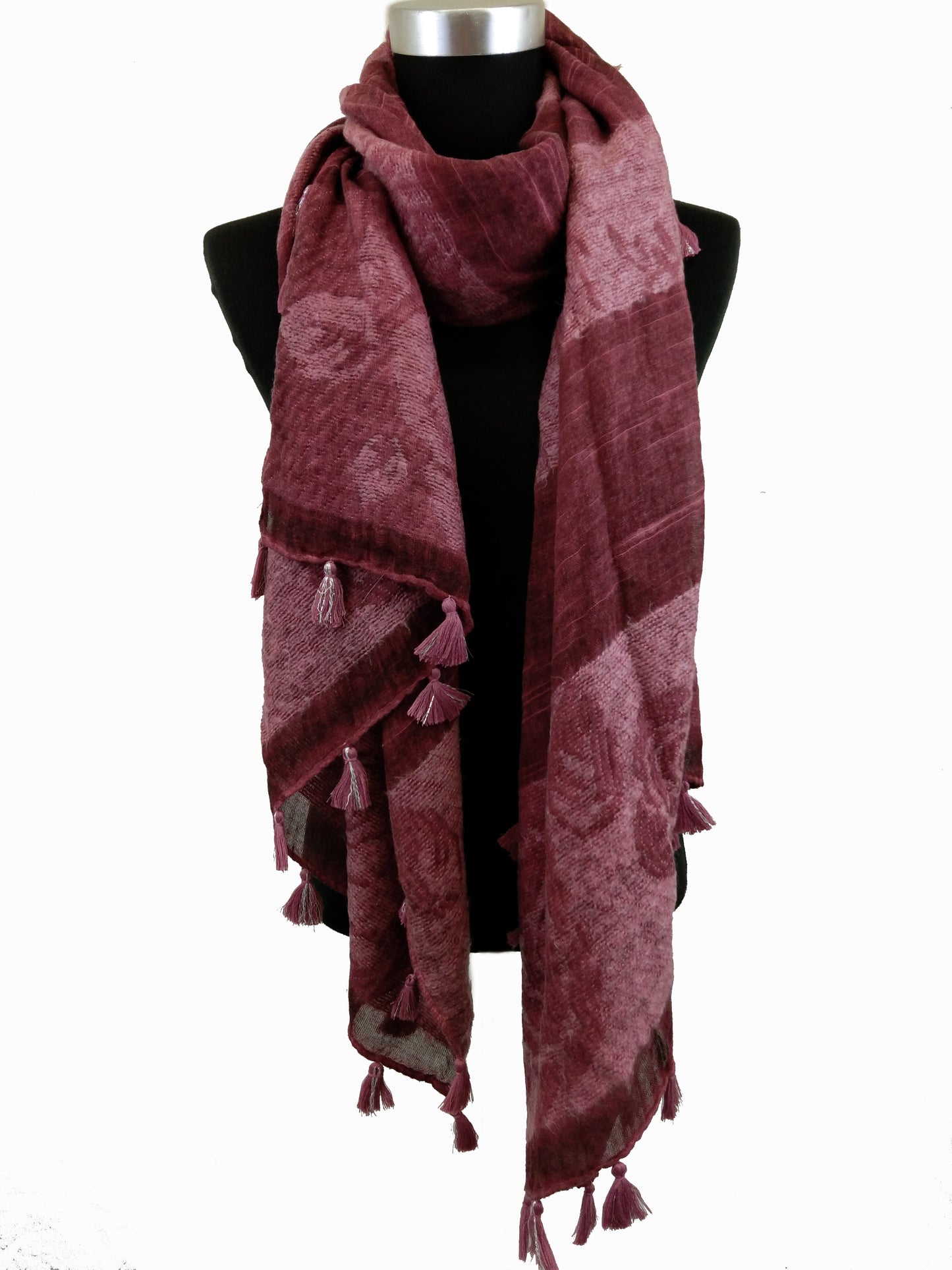 Rose Print Wool Scarf and Short Tassels
